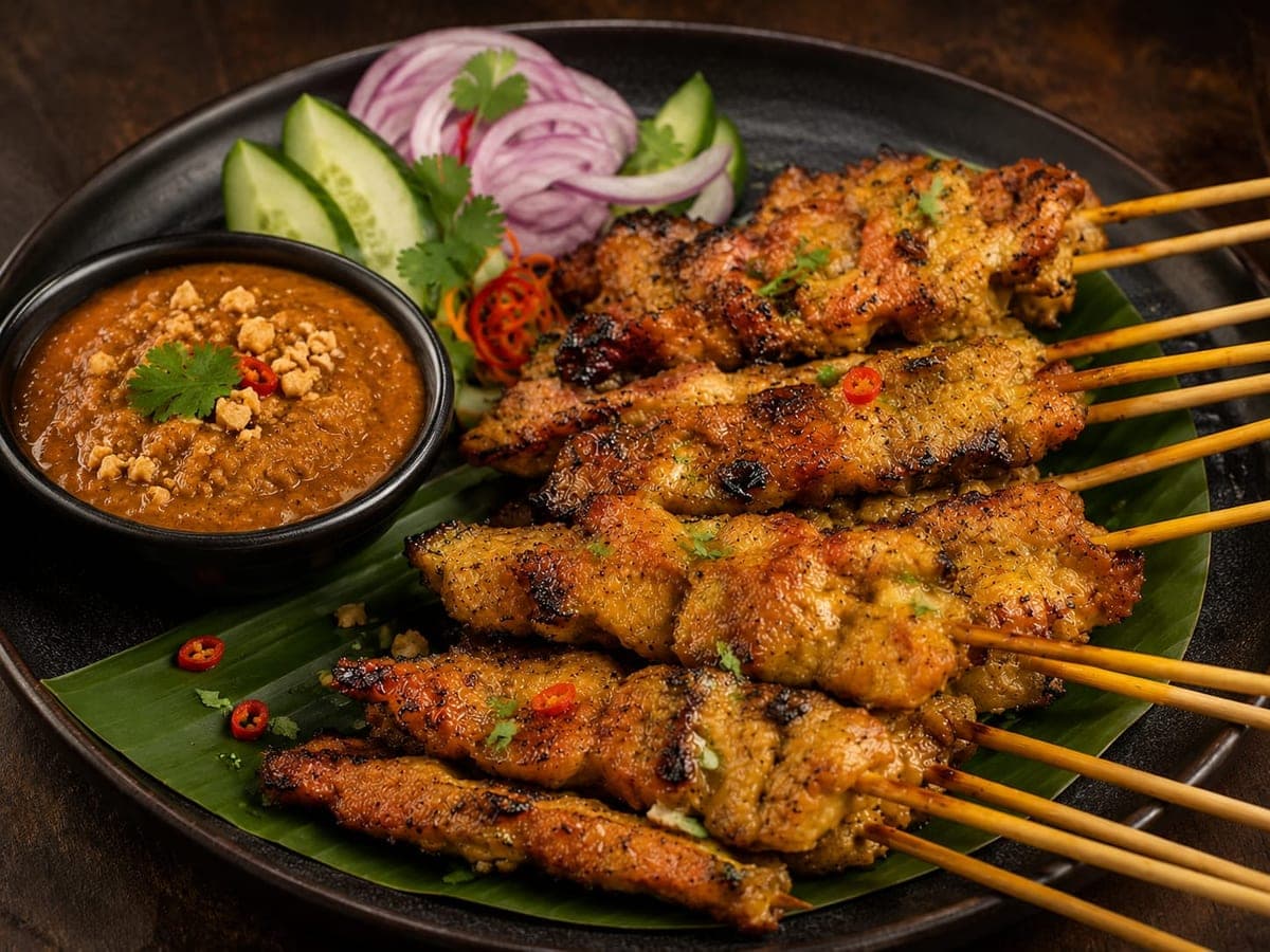Grilled chicken satay skewers served with peanut sauce and salad